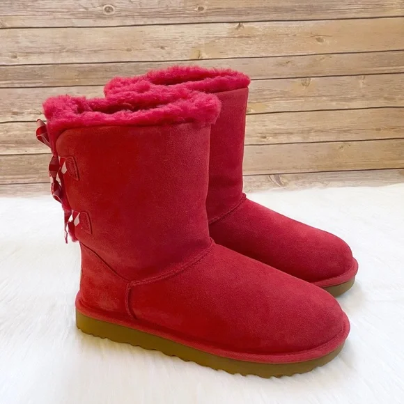 UGG Bailey Bow Diagonal Stripes Poppy Red Boots - Picture 2 of 8